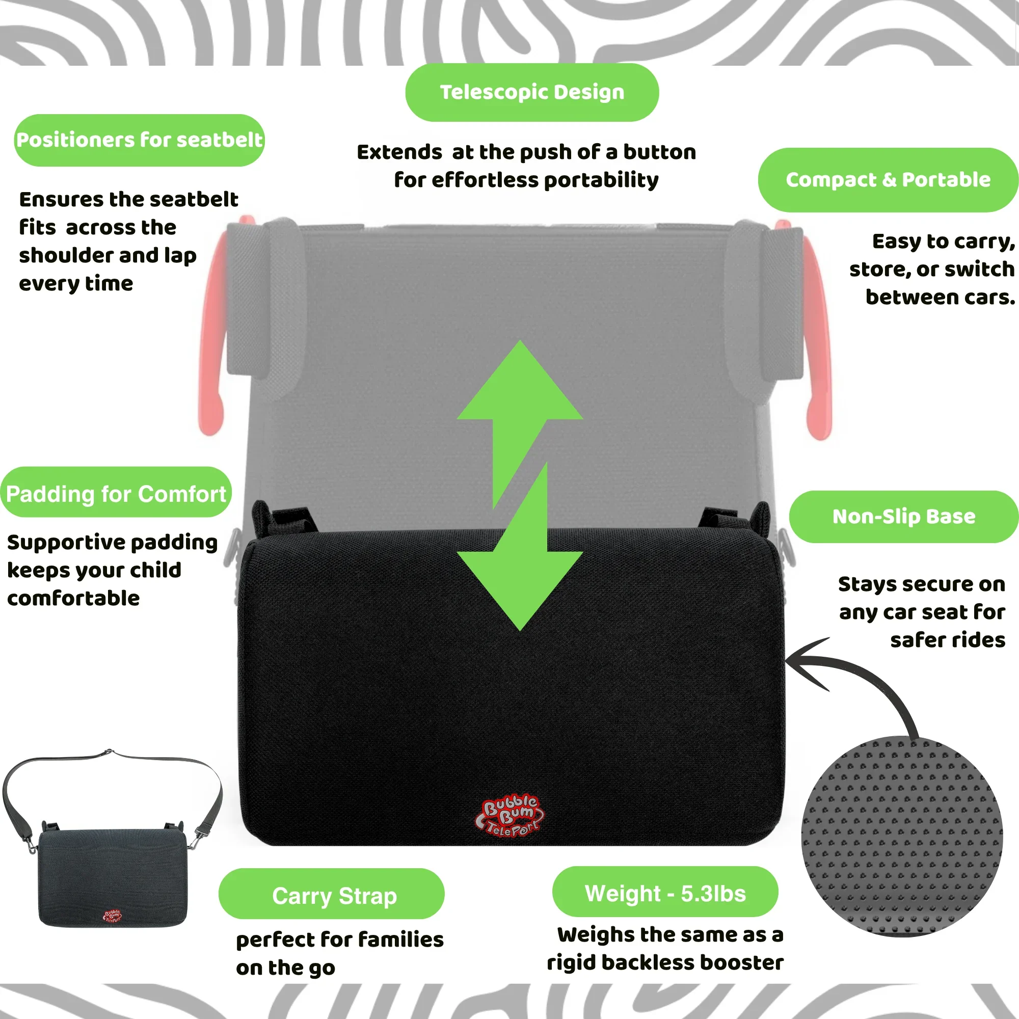 BubbleBum Teleport Backless Booster Car Seat, Kids Booster Seat for Car 40-100 lbs, Telescopic Portable Carseat, Ideal for Everyday Use and Foldable for Travel, - Black✔️ - Image 6